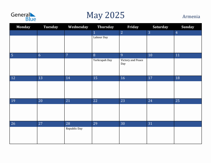 May 2025 Armenia Calendar (Monday Start)