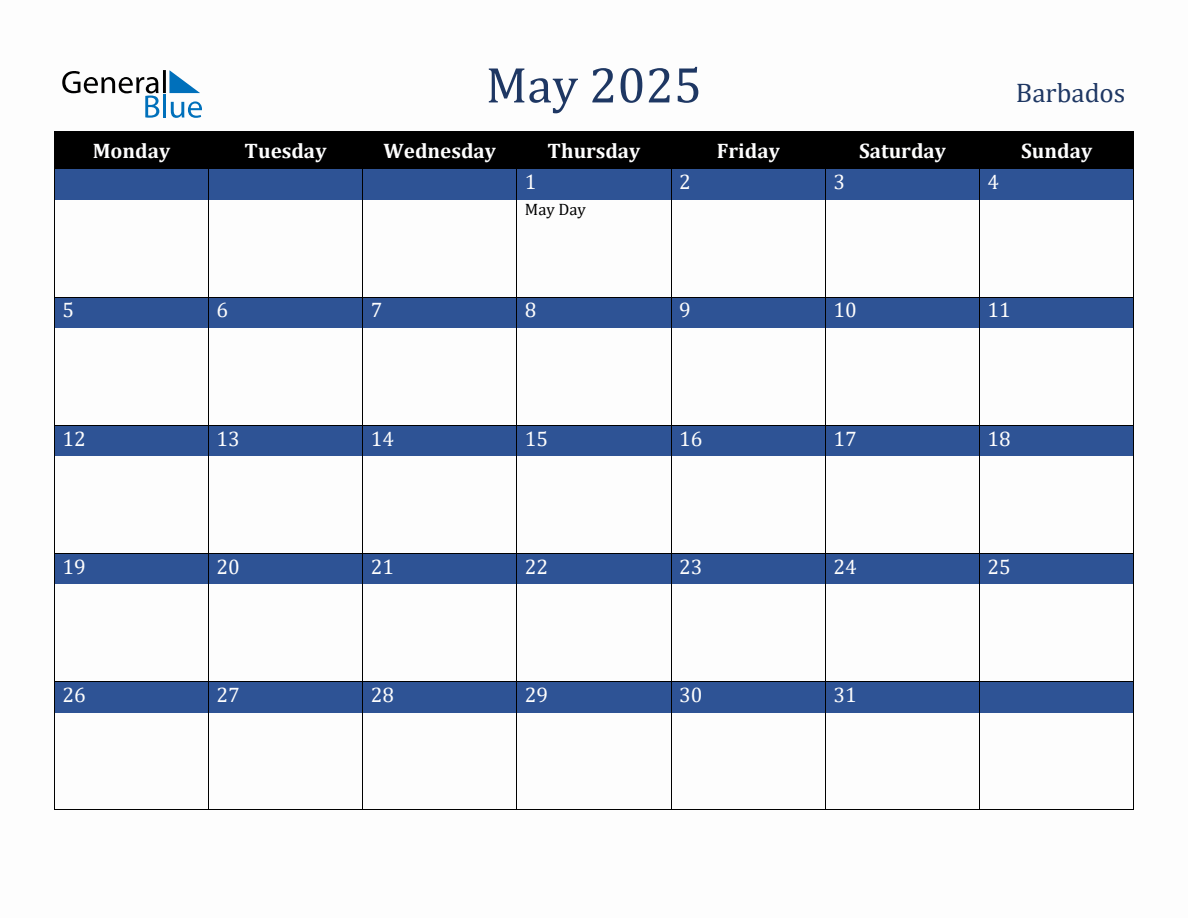 2025 Calendar With Barbados Holidays 