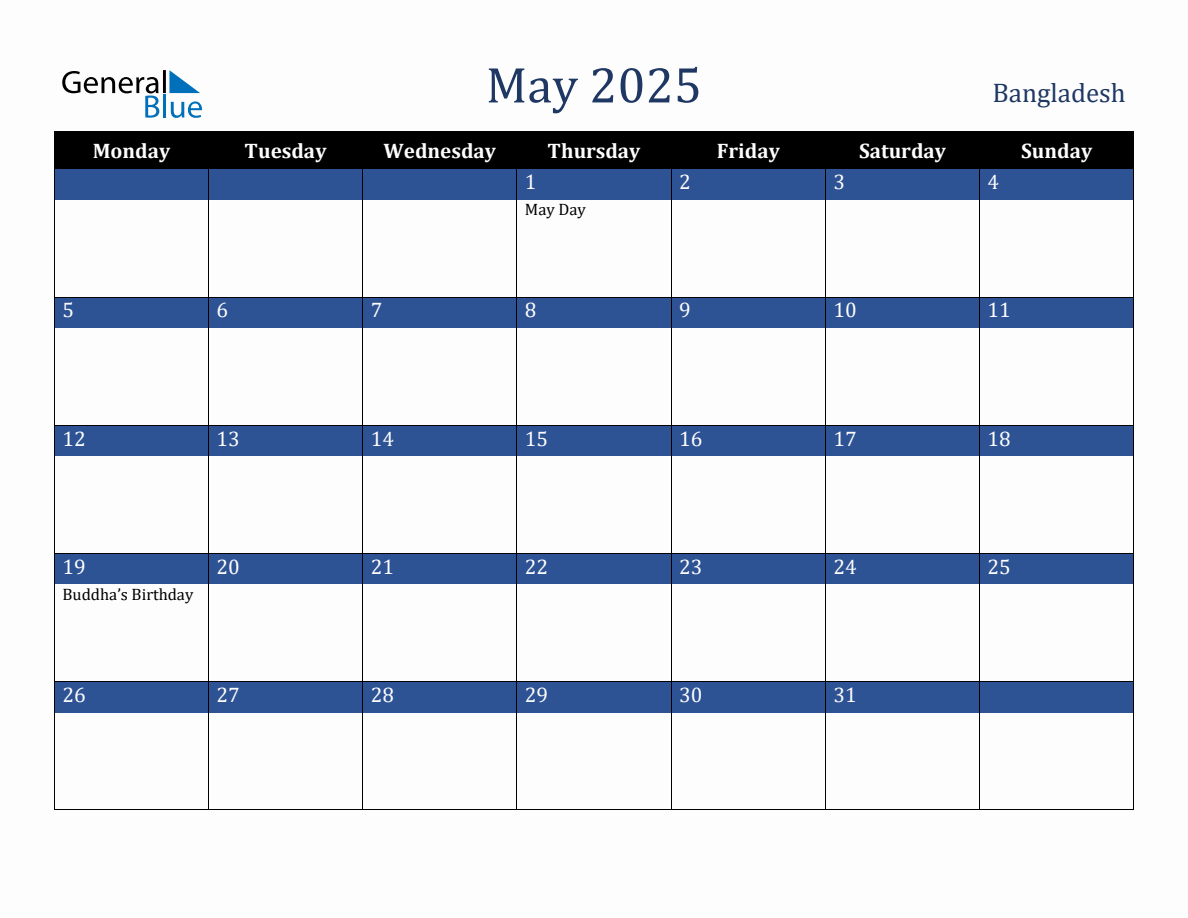 May 2025 Bangladesh Holiday Calendar