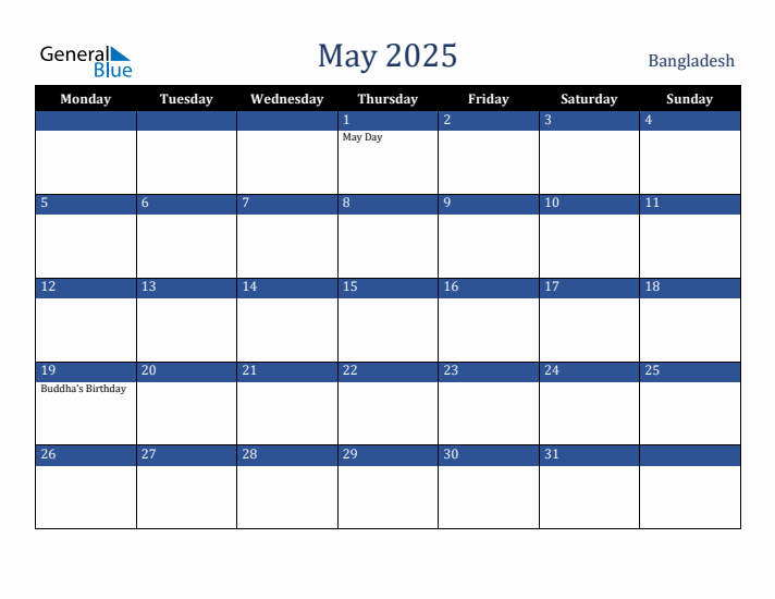 May 2025 Bangladesh Calendar (Monday Start)