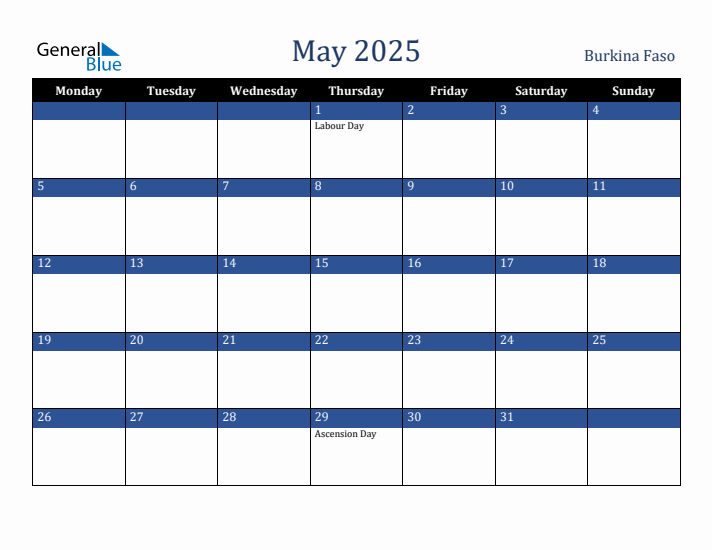 May 2025 Burkina Faso Calendar (Monday Start)