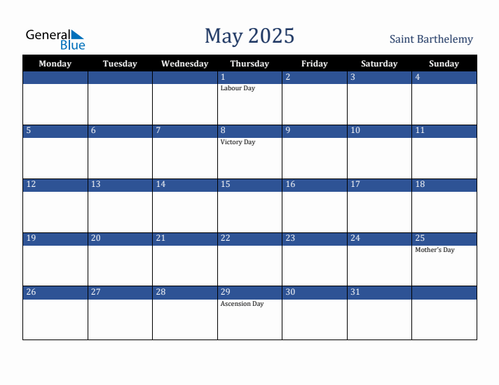 May 2025 Saint Barthelemy Calendar (Monday Start)
