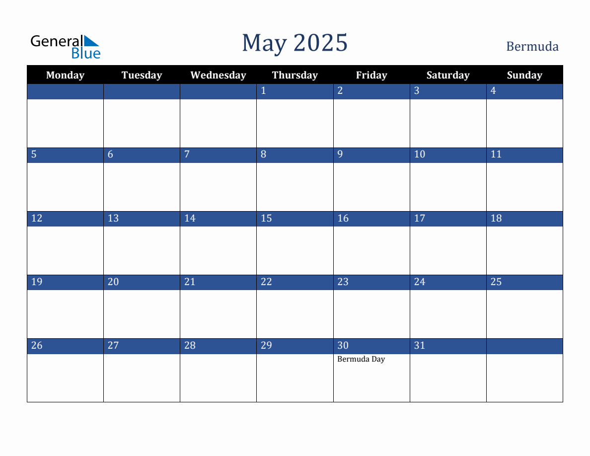 May 2025 Bermuda Holiday Calendar