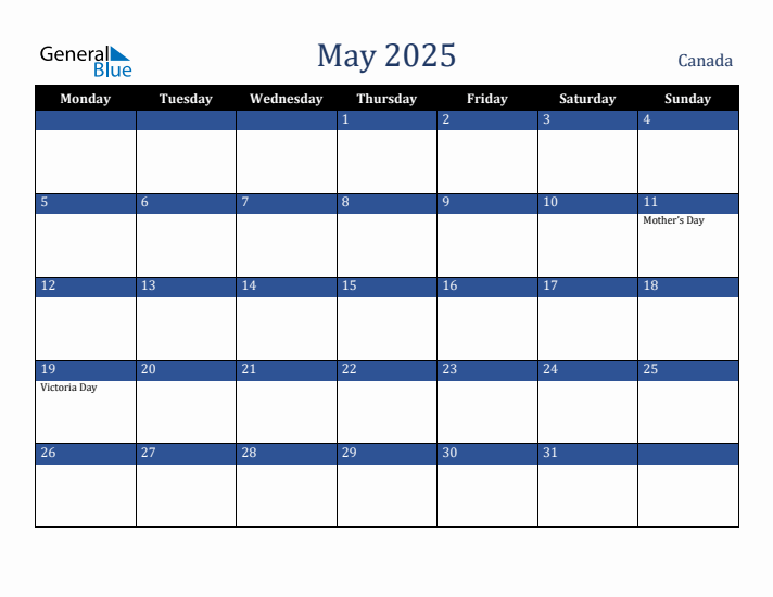 May 2025 Canada Calendar (Monday Start)