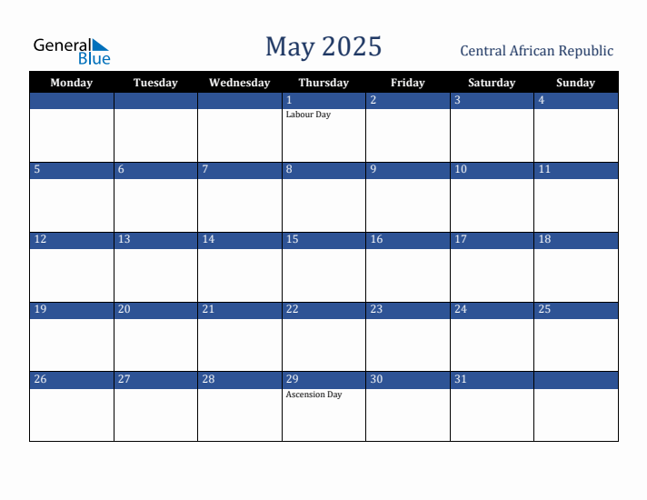 May 2025 Central African Republic Calendar (Monday Start)