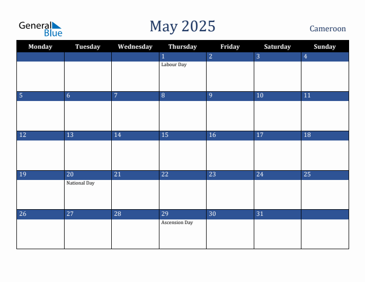 May 2025 Cameroon Calendar (Monday Start)