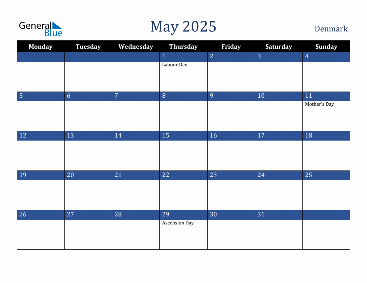 May 2025 Denmark Holiday Calendar