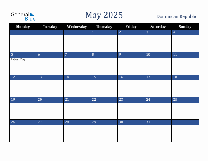 May 2025 Dominican Republic Calendar (Monday Start)