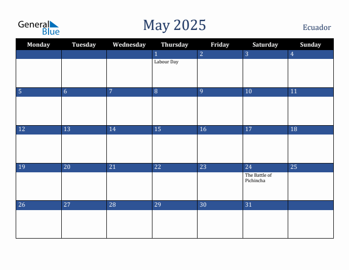 May 2025 Ecuador Calendar (Monday Start)