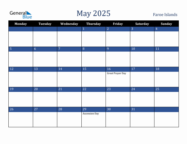 May 2025 Faroe Islands Calendar (Monday Start)