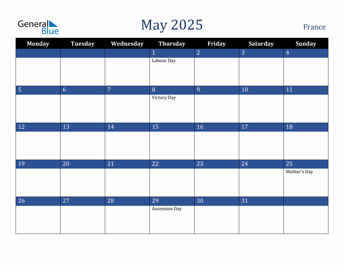 May 2025 France Holiday Calendar