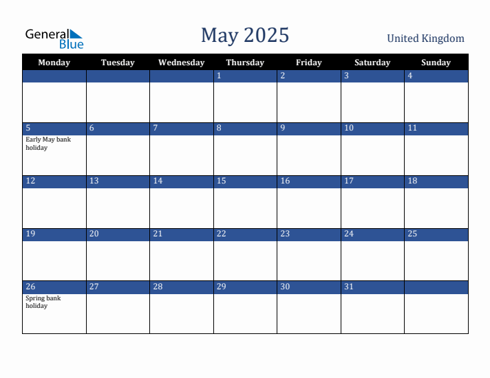 May 2025 United Kingdom Calendar (Monday Start)