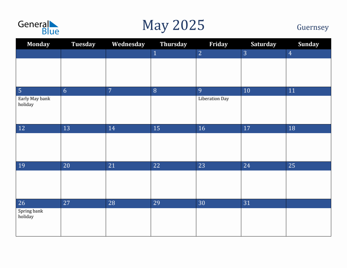May 2025 Guernsey Holiday Calendar