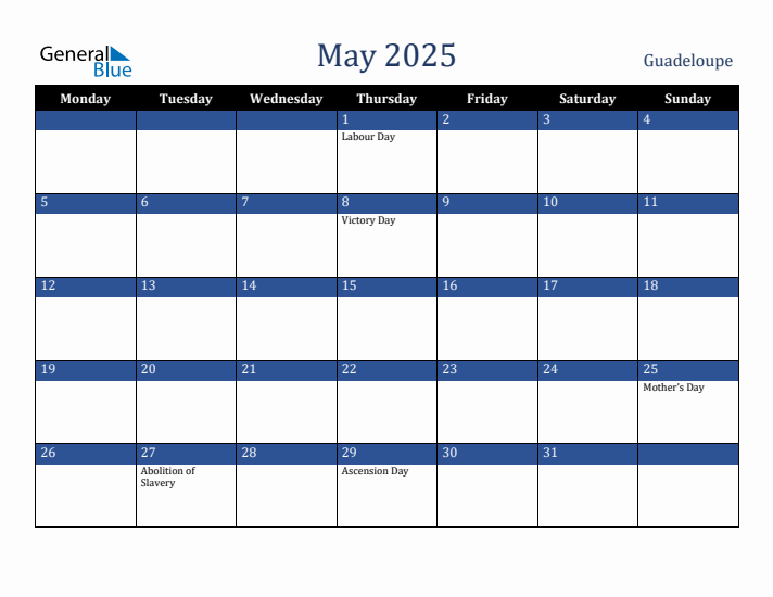 May 2025 Guadeloupe Calendar (Monday Start)