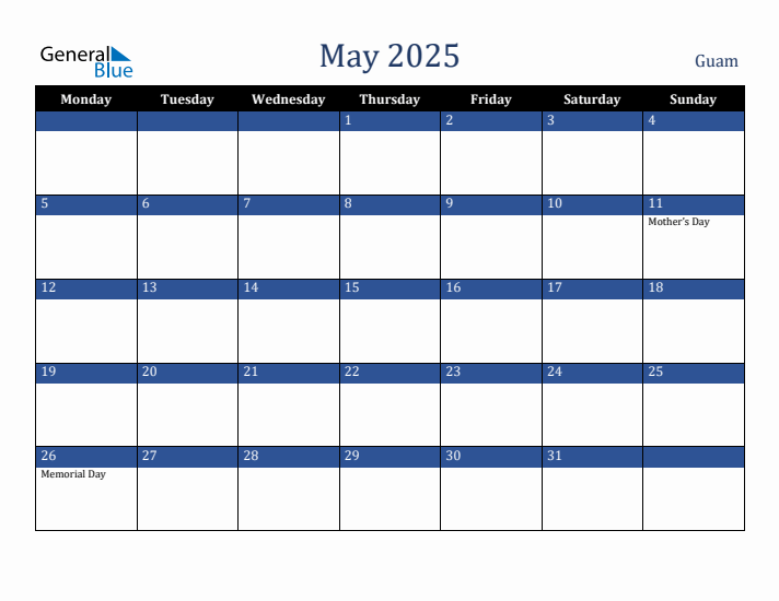May 2025 Guam Calendar (Monday Start)