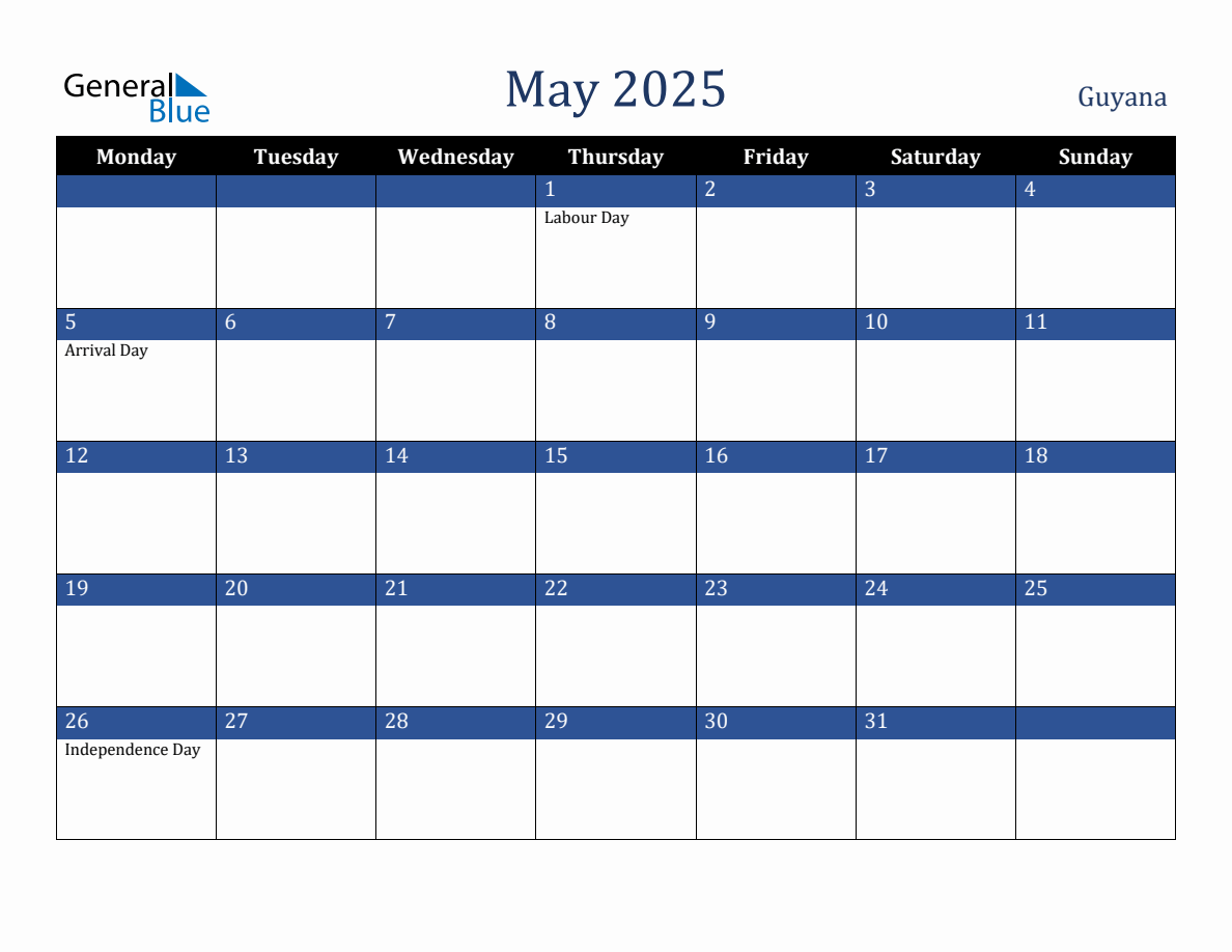 May 2025 Guyana Holiday Calendar