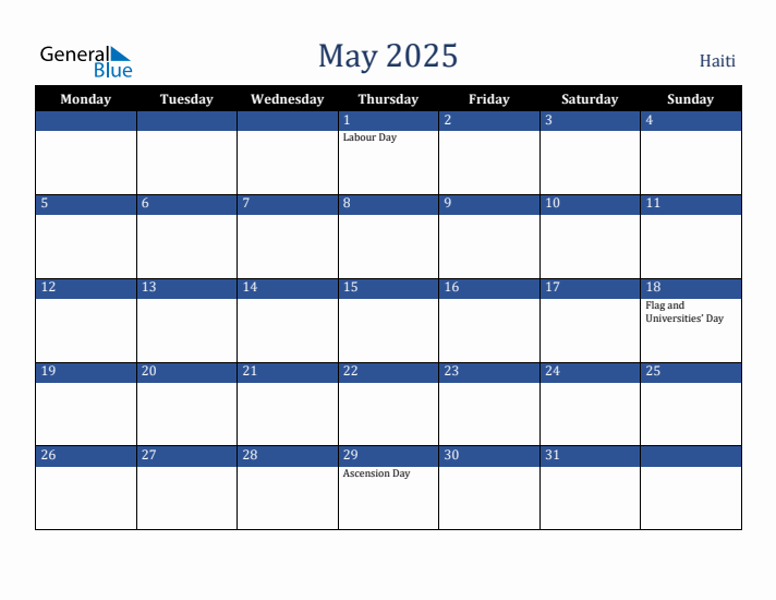 May 2025 Haiti Calendar (Monday Start)