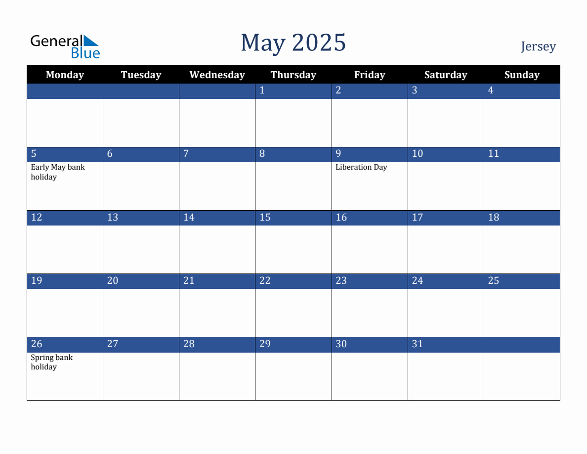 May 2025 Jersey Holiday Calendar