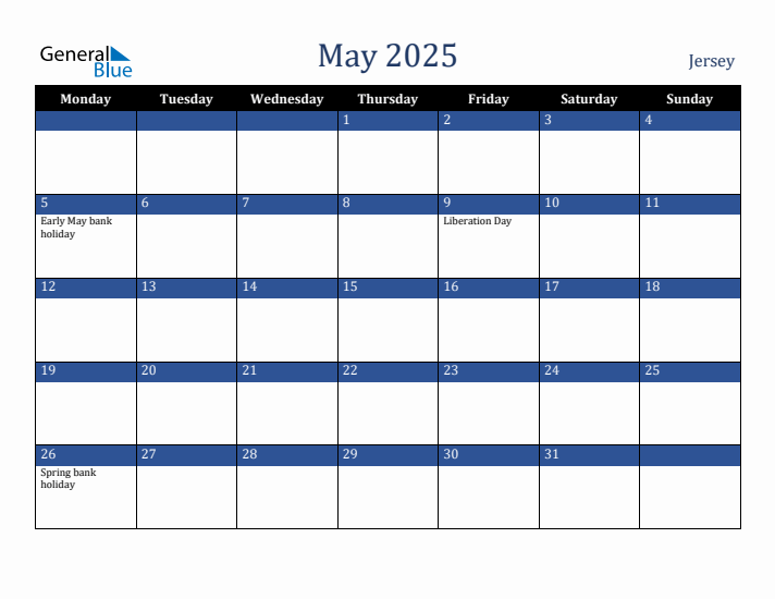 May 2025 Jersey Calendar (Monday Start)