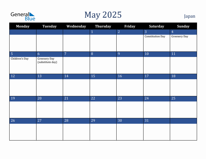May 2025 Japan Calendar (Monday Start)