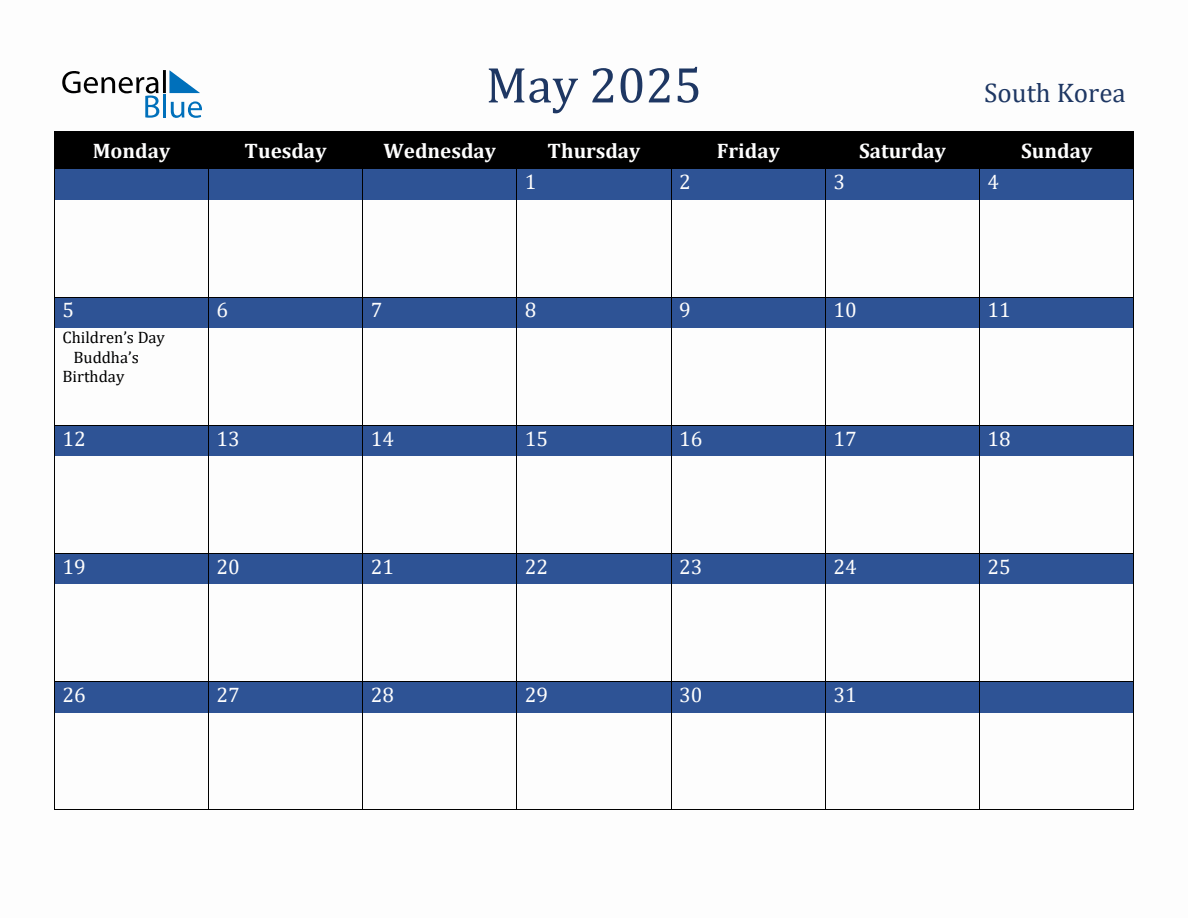 May 2025 South Korea Holiday Calendar