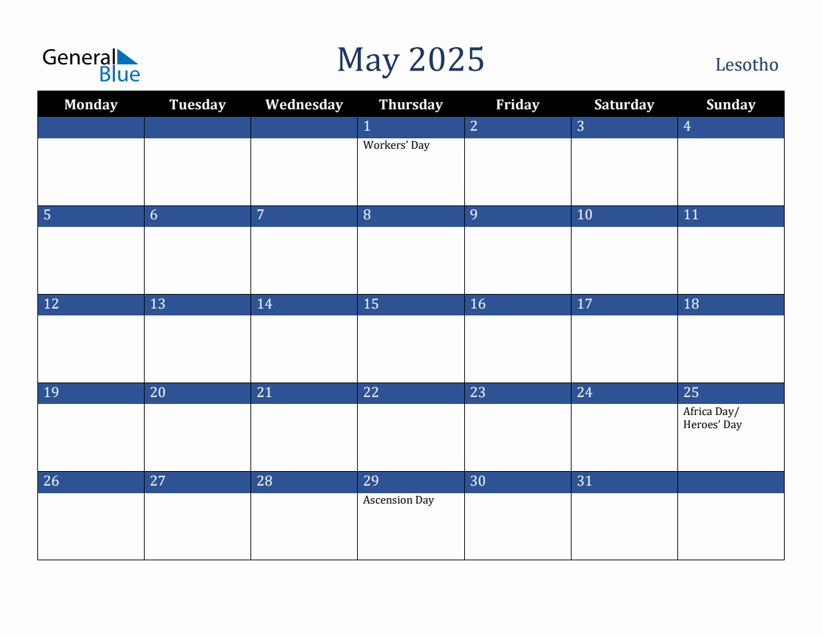 May 2025 Lesotho Holiday Calendar