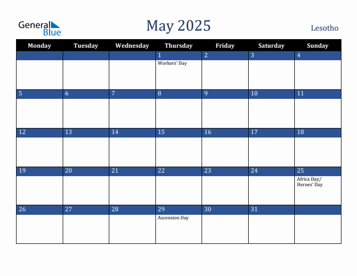 May 2025 Lesotho Calendar (Monday Start)