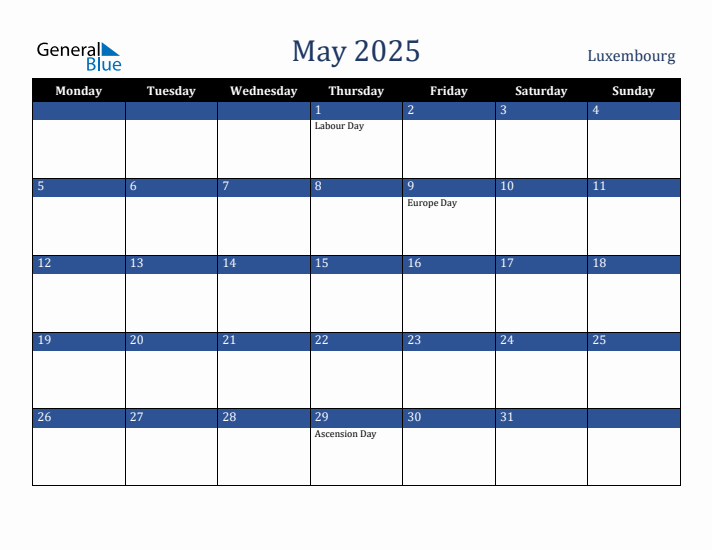 May 2025 Luxembourg Calendar (Monday Start)