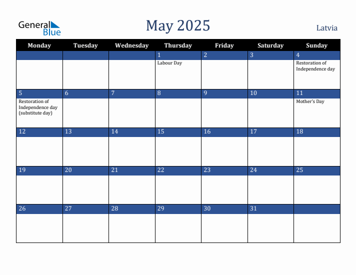 May 2025 Latvia Calendar (Monday Start)