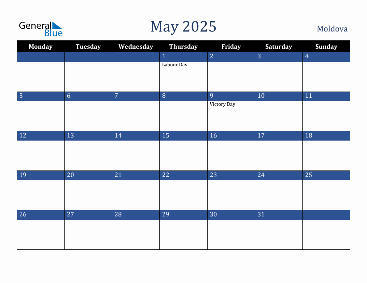 May 2025 Moldova Holiday Calendar