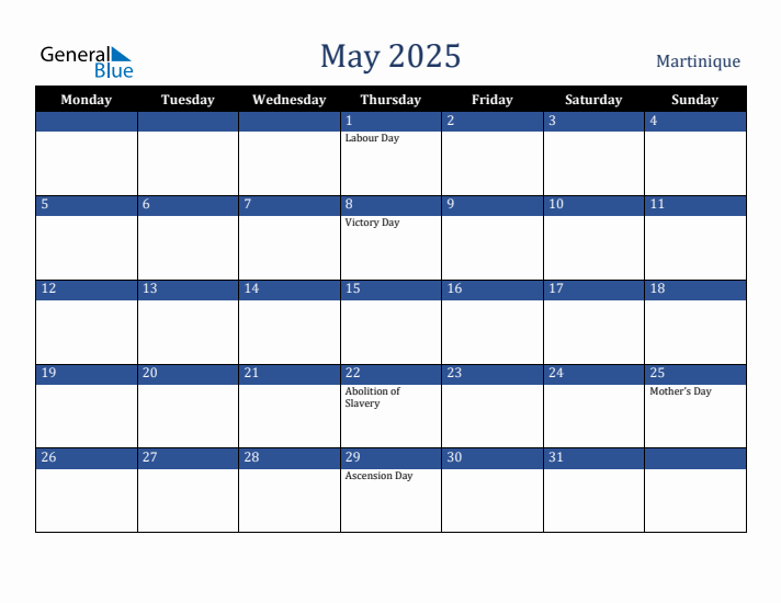May 2025 Martinique Calendar (Monday Start)