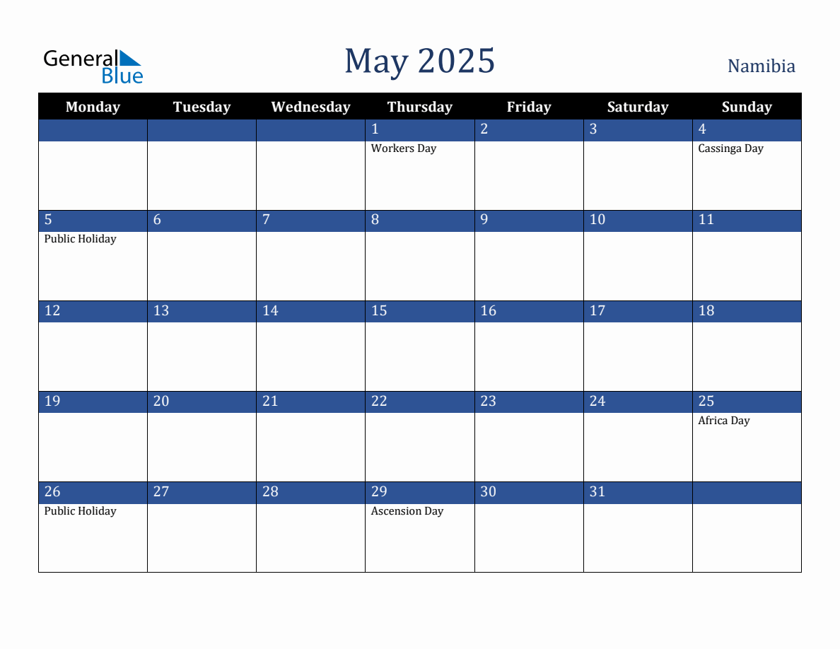 May 2025 Namibia Holiday Calendar