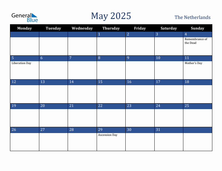 May 2025 The Netherlands Calendar (Monday Start)