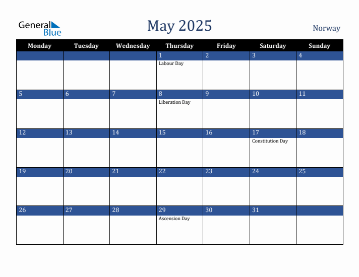 May 2025 Norway Calendar (Monday Start)