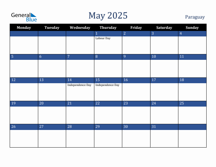 May 2025 Paraguay Calendar (Monday Start)