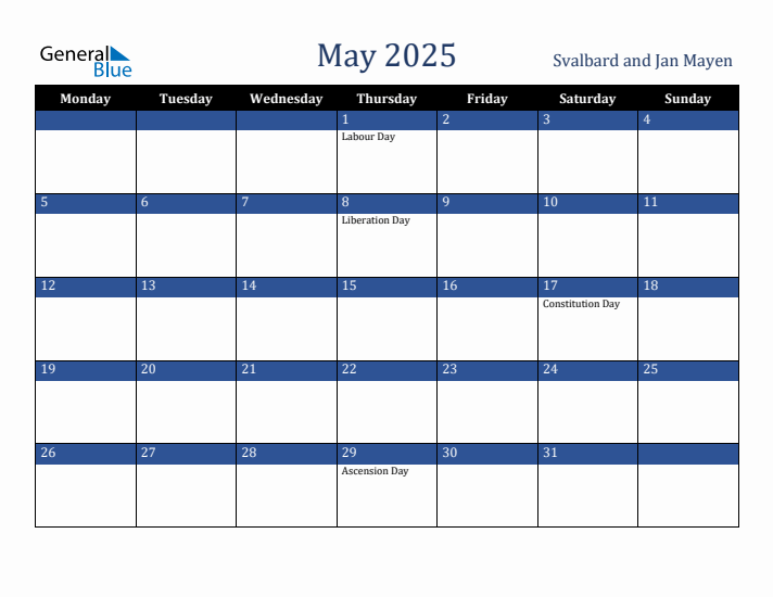 May 2025 Svalbard and Jan Mayen Calendar (Monday Start)