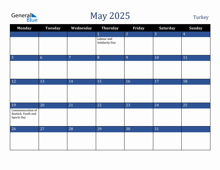 May 2025 Turkey Calendar (Monday Start)