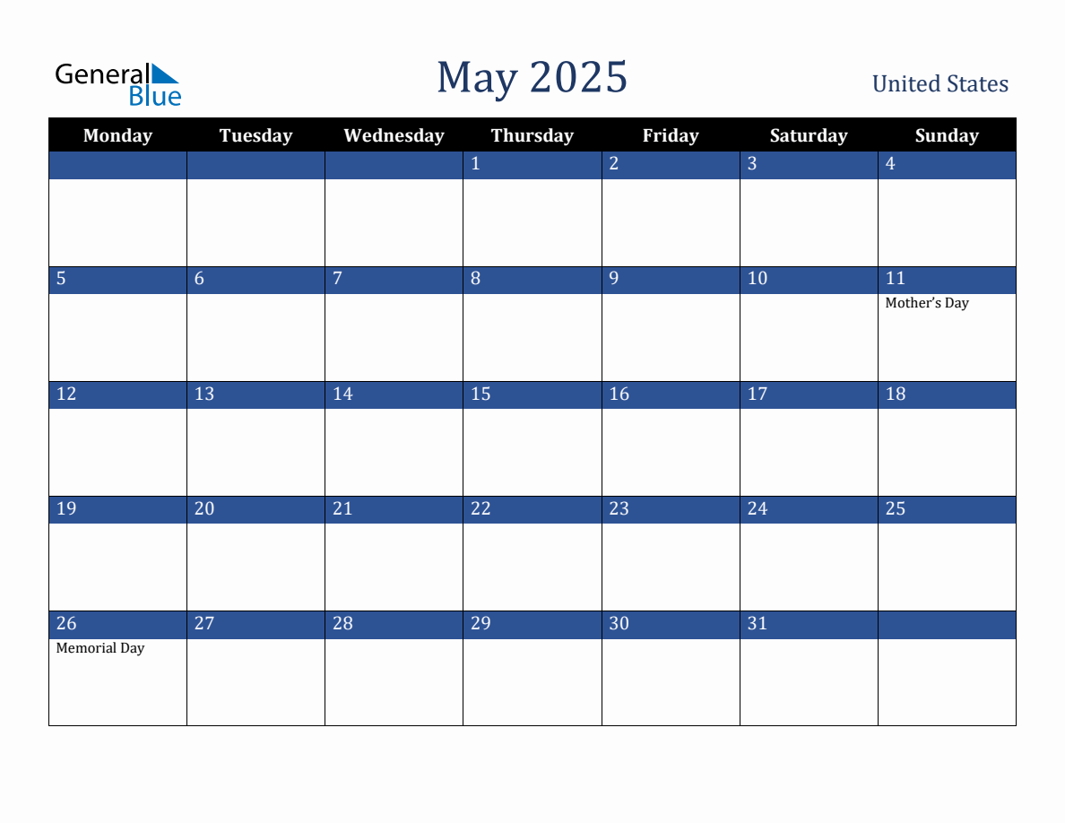 May 2025 United States Holiday Calendar