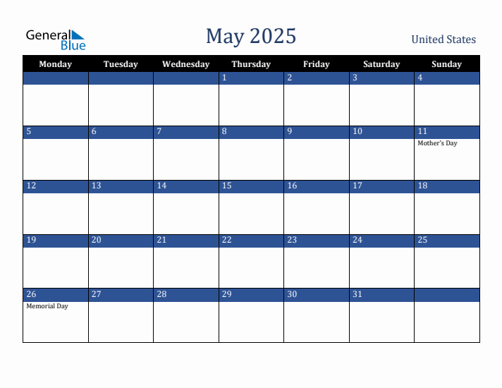 May 2025 United States Calendar (Monday Start)
