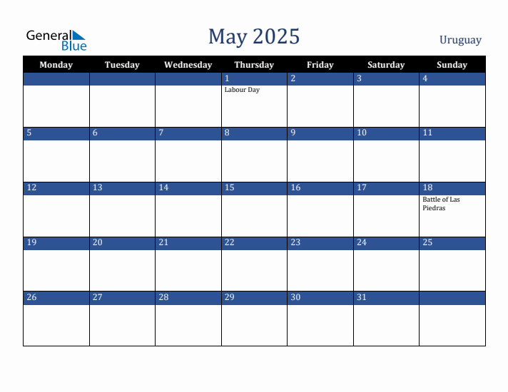 May 2025 Uruguay Calendar (Monday Start)