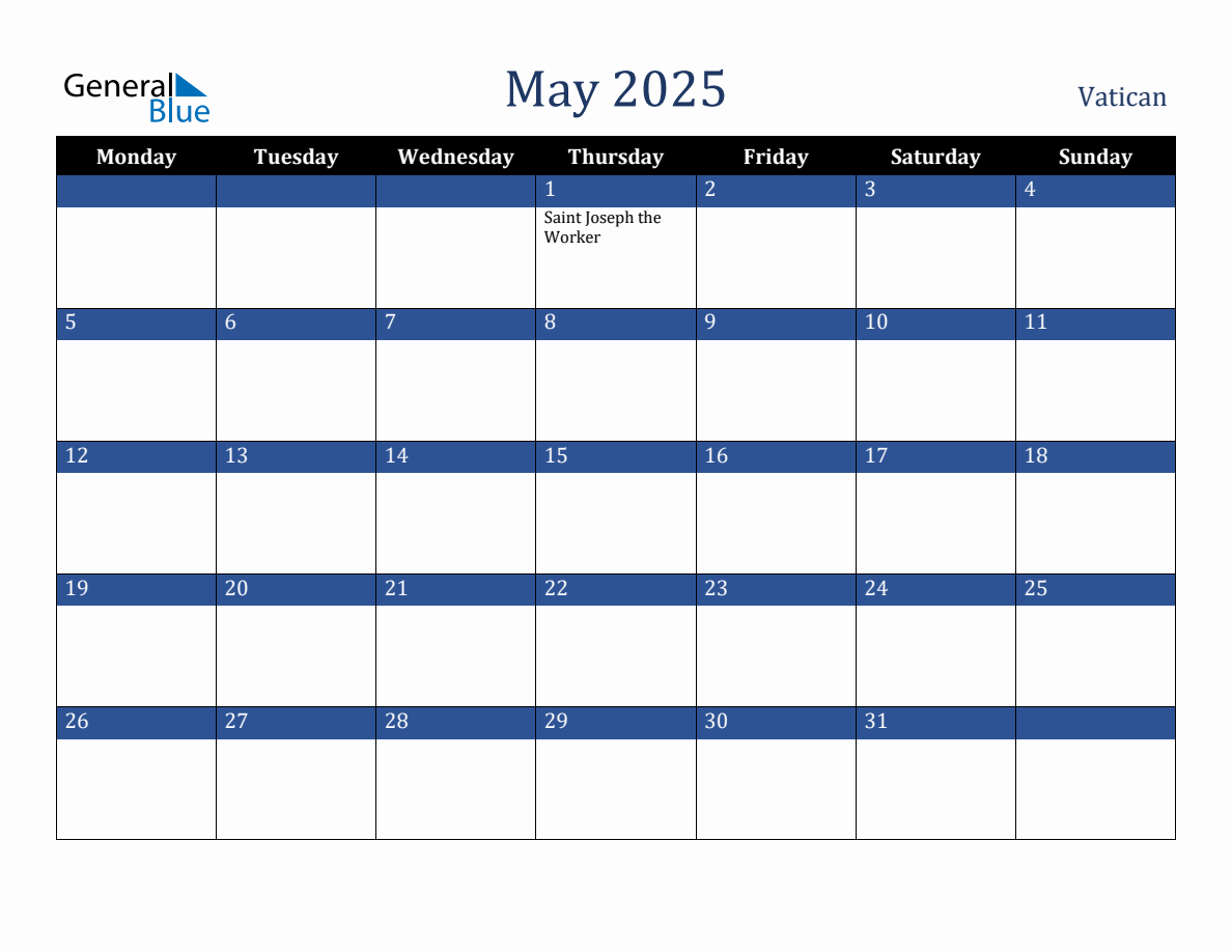 May 2025 Vatican Holiday Calendar
