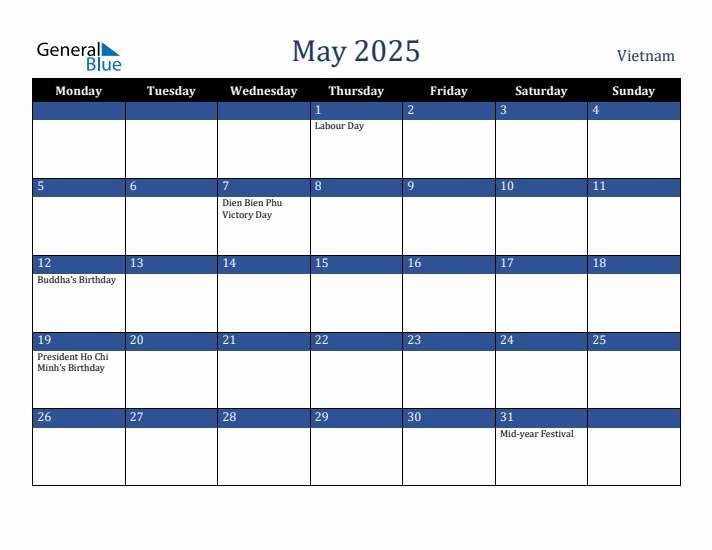 May 2025 Vietnam Calendar (Monday Start)