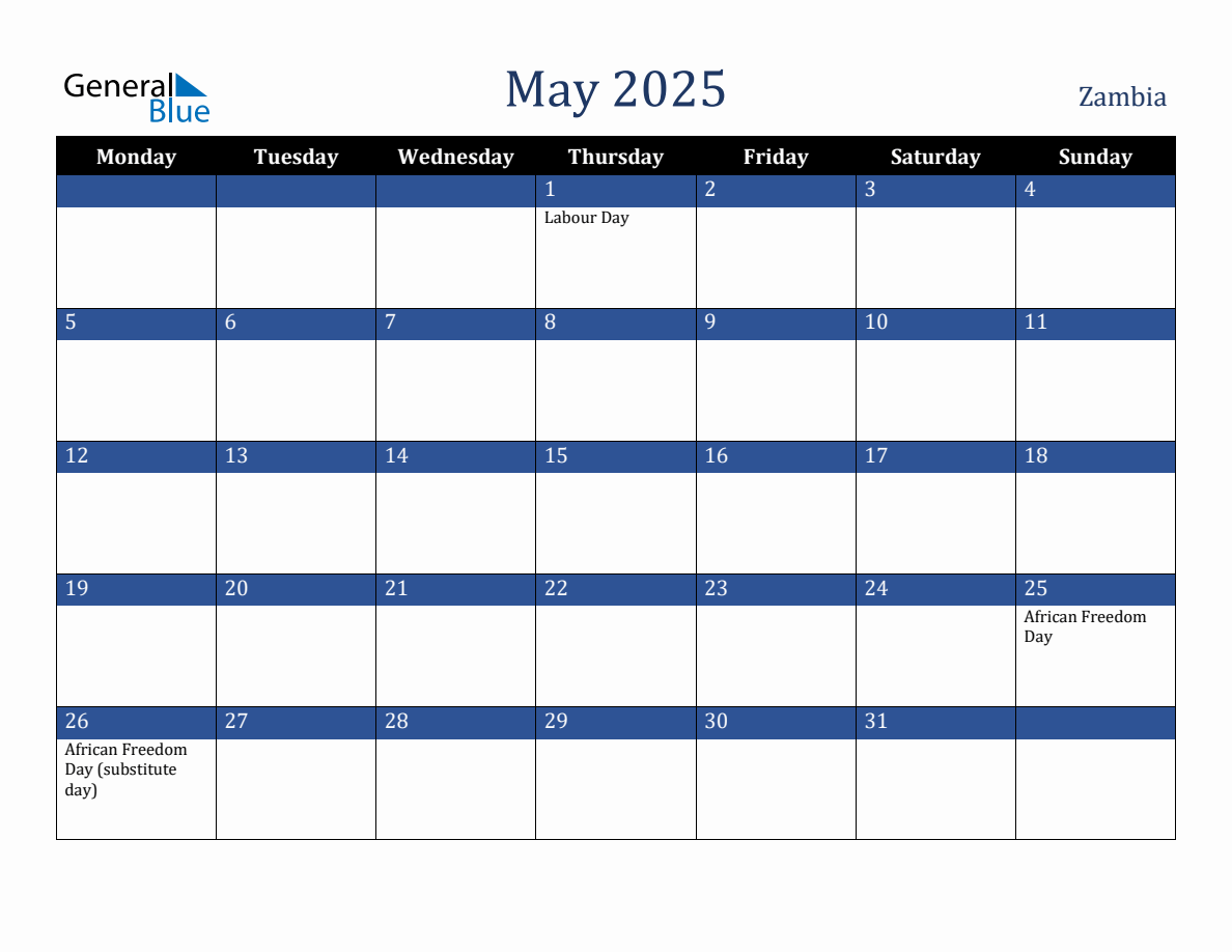 May 2025 Zambia Holiday Calendar