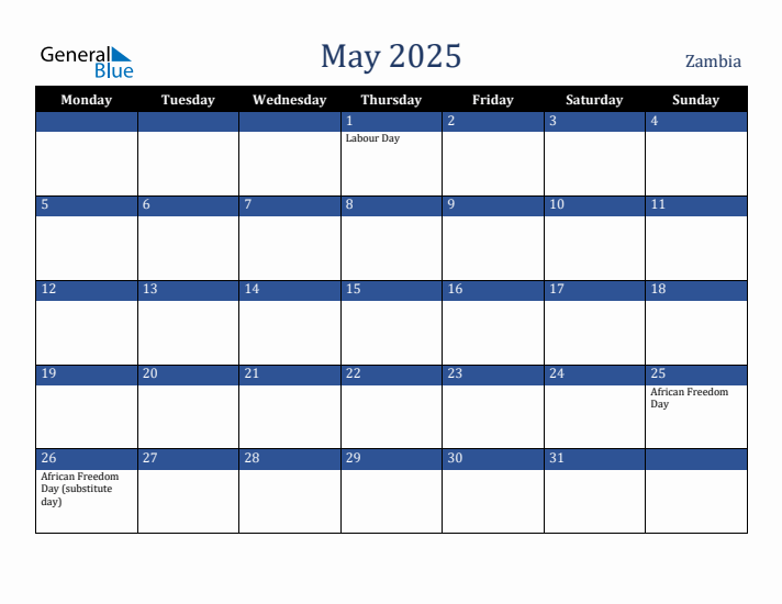 May 2025 Zambia Calendar (Monday Start)