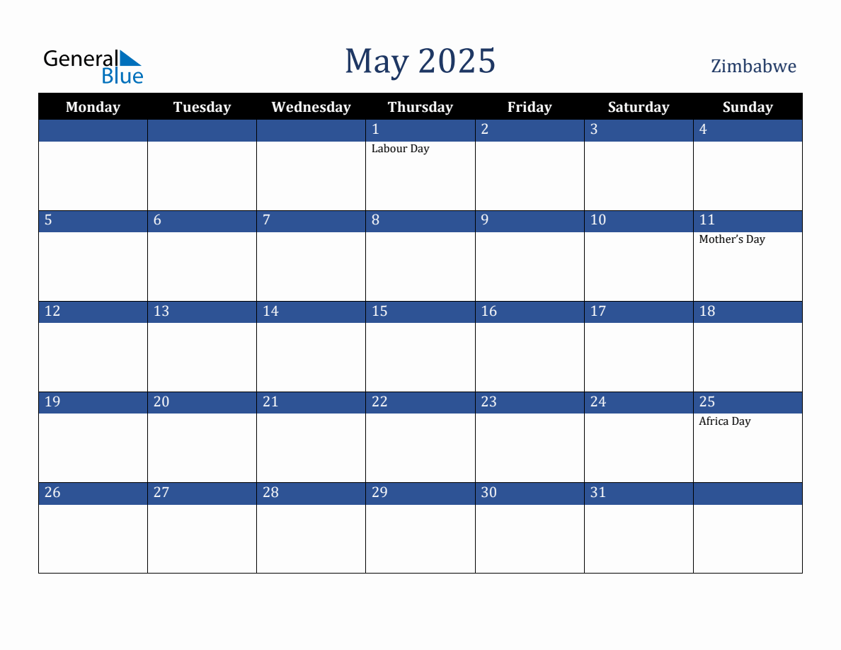 May 2025 Zimbabwe Holiday Calendar