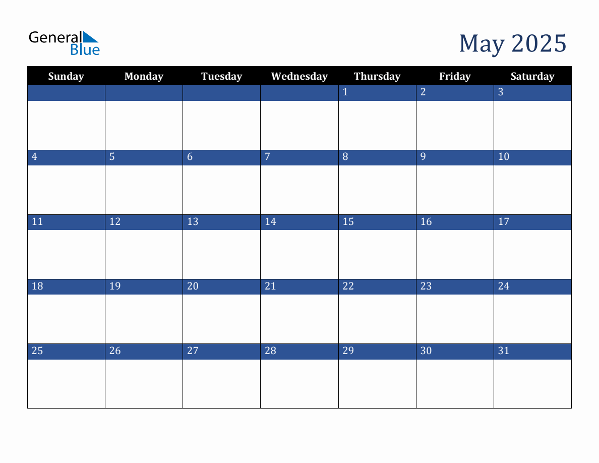 May 2025 Downloadable Sunday Start Calendar