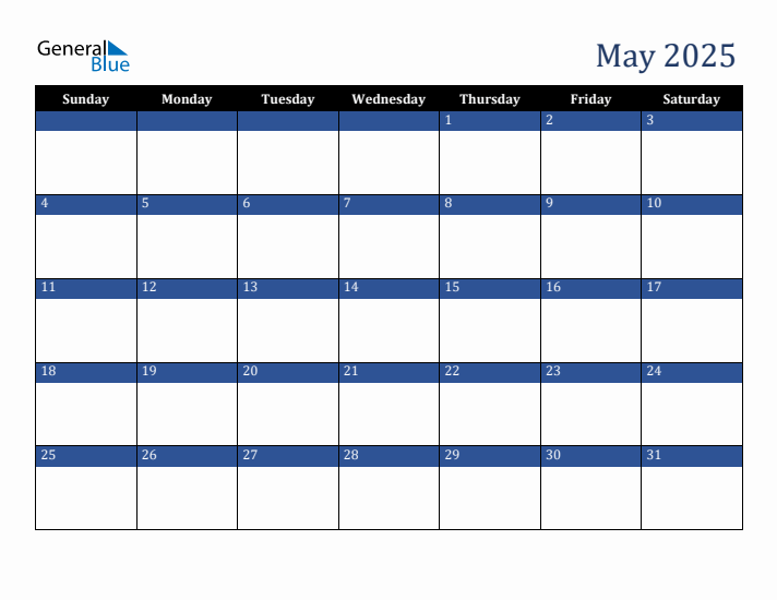 Sunday Start Calendar for May 2025