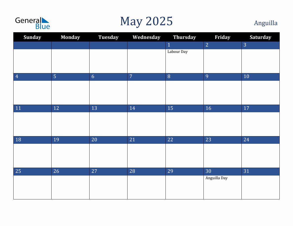 May 2025 Anguilla Holiday Calendar