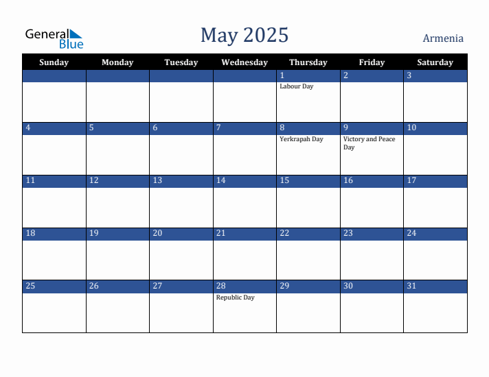 May 2025 Armenia Calendar (Sunday Start)