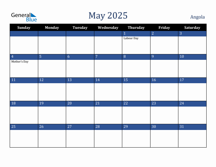May 2025 Monthly Calendar with Angola Holidays